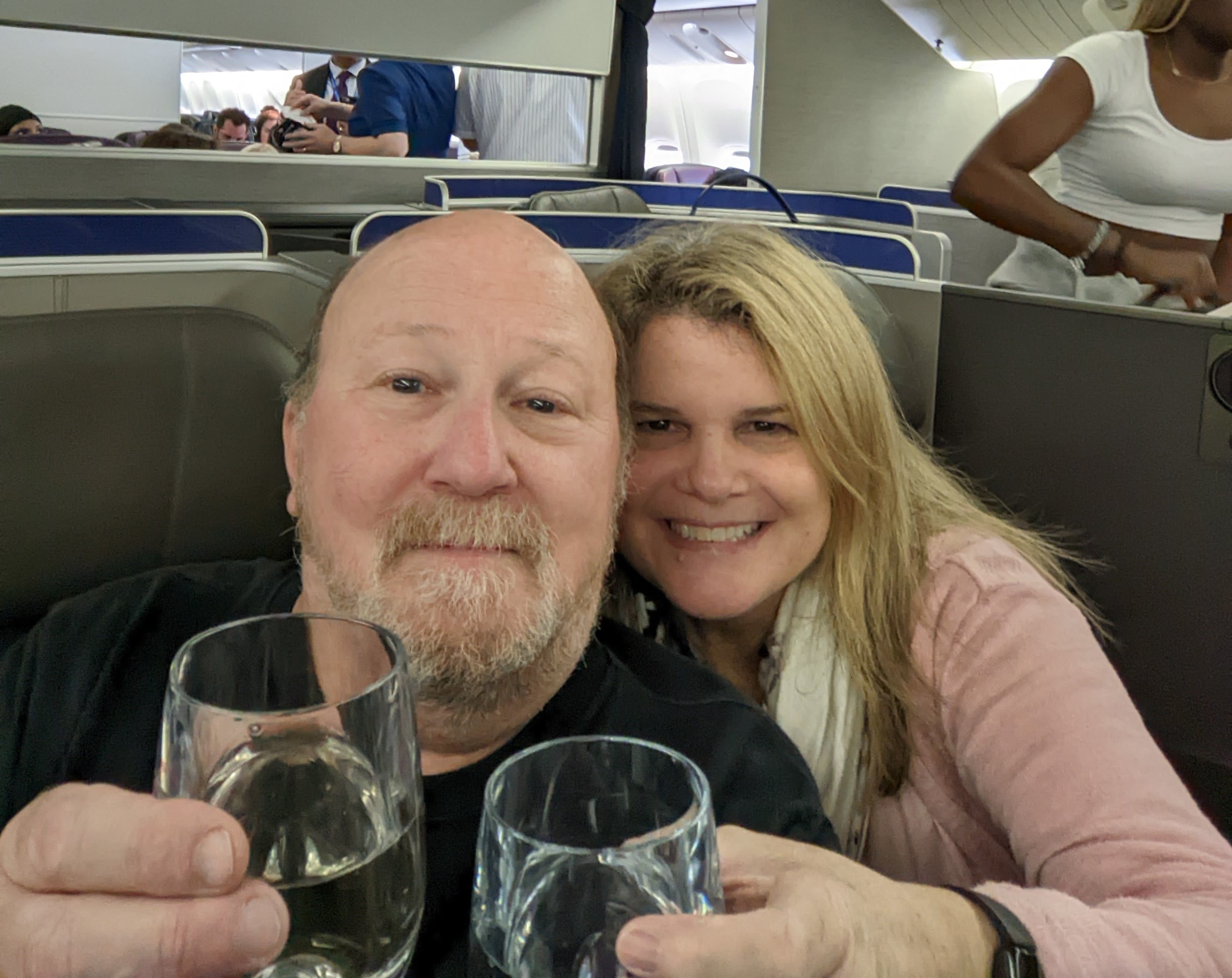 Missy Kavanaugh-Carryer and husband David experiencing comfortable business class travel to Europe.